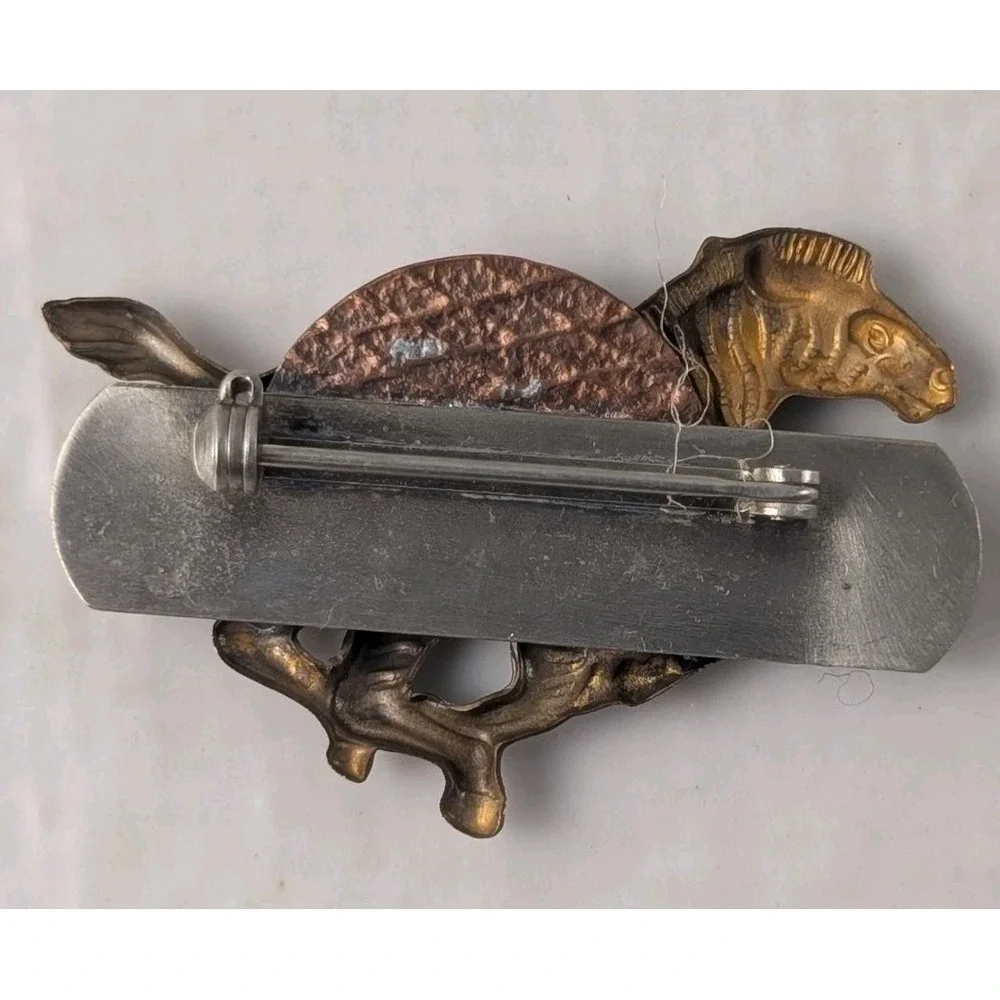 Artisan Mixed Metal Running Horse Brooch Pin Green Cabochon Southwestern Style
